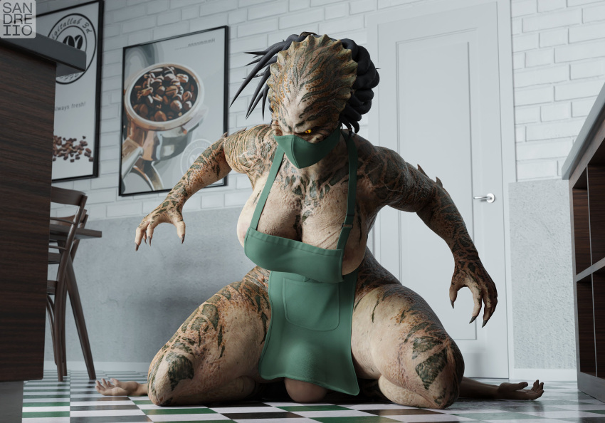 absurd_res alien apron apron_only breasts claws clothing container cup digital_media_(artwork) duo facesitting female female_on_human hair hi_res human looking_at_viewer male mammal mask pen predator_(franchise) sandreiio sitting_on_another starbucks yautja