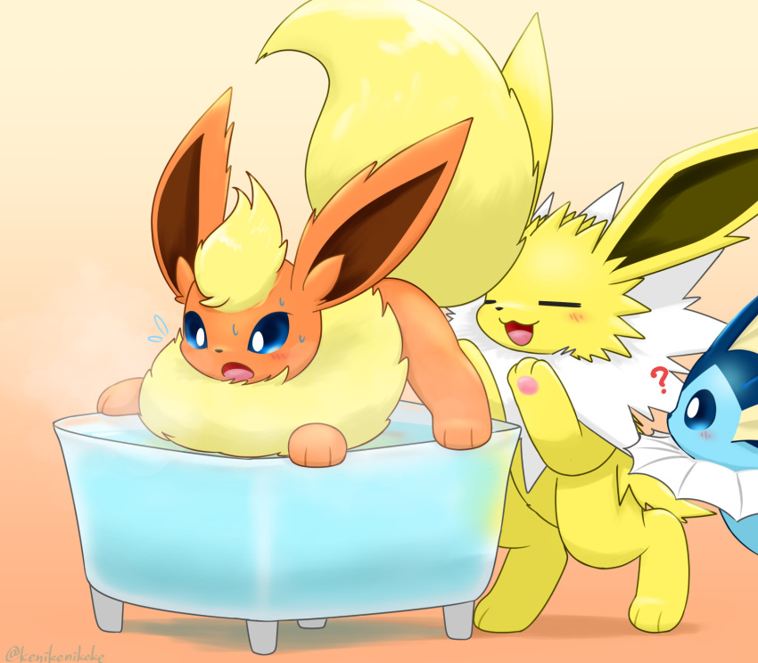 2023 3_toes :3 ambiguous_gender bath bathtub big_tail blue_body blue_eyes blue_skin blush bodily_fluids brown_inner_ear canid colored digital_media_(artwork) eeveelution eyes_closed featureless_crotch feet feral fin flareon fluffy fluffy_tail flying_sweatdrops frill_(anatomy) front_view fur generation_1_pokemon glistening glistening_tail group head_fin head_tuft hi_res huge_tail jolteon kemono kenikenikeke looking_at_another mammal marine monotone_ears monotone_tail multicolored_body multicolored_fur neck_frill neck_tuft nintendo no_sclera on_hind_legs open_:3 open_mouth open_smile orange_body orange_ears orange_fur pawpads pink_pawpads pink_tongue pokemon pokemon_(species) pupils quadruped question_mark scared shaded simple_background smile standing sweat sweatdrop tail tan_background thick_tail three-quarter_view toes tongue trio tuft two_tone_body two_tone_fur vaporeon water white_body white_fur white_pupils yellow_body yellow_ears yellow_fur yellow_tail