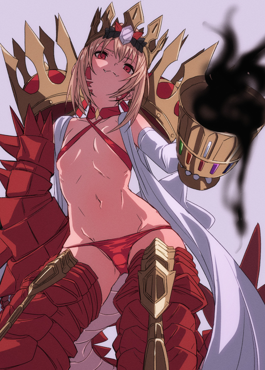 1girl :3 armored_legwear blonde_hair chalice choker crown detached_sleeves dragon_claw dragon_tail facial_mark fangs fate/grand_order fate_(series) flat_chest from_below fu-ta hair_between_eyes highres looking_at_viewer navel nero_claudius_(fate) panties queen_draco_(fate) red_eyes red_panties robe scales sidelocks simple_background slingshot_swimsuit smile smug solo spilling swimsuit tail underwear white_background white_gemstone white_robe