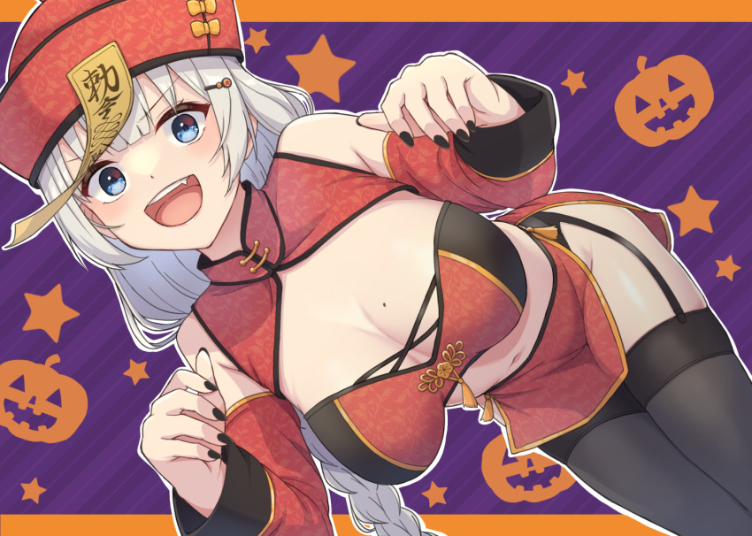 1girl alternate_costume b.c black_nails blue_eyes breasts chinese_clothes cleavage fang garter_straps halloween hands_up hat jack-o'-lantern_print jiangshi kizuna_akari large_breasts long_hair midriff open_mouth side_slit solo stomach talisman thighhighs voiceroid white_hair