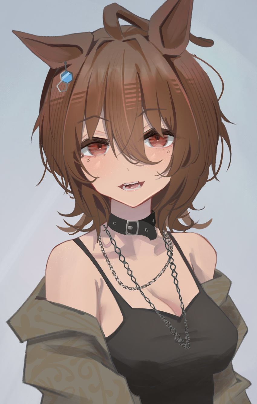 1girl absurdres agnes_tachyon_(umamusume) ahoge animal_ears bare_shoulders black_tank_top blush breasts brown_hair chain_necklace choker cleavage commentary earrings gradient_background hair_between_eyes highres horse_ears horse_girl jacket jacket_partially_removed jewelry looking_at_viewer messy_hair necklace parted_lips photoshop_(medium) red_eyes sei_(bigaa) short_hair simple_background single_earring solo tank_top teeth umamusume