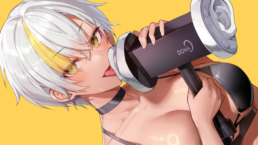 1girl 3dio absurdres asmr bikini bikini_top_only binaural_microphone blonde_hair blush breasts choker collarbone dark-skinned_female dark_skin highres large_breasts looking_at_viewer luvdia microphone misyune multicolored_hair open_mouth park_dona piercing short_hair solo streaked_hair swimsuit tongue tongue_out tongue_piercing virtual_youtuber white_hair yellow_background yellow_eyes