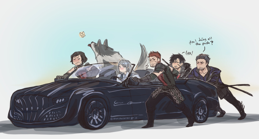 1girl 4boys armor beard black_hair brown_hair bug butterfly car cidolfus_telamon clive_rosfield english_text facial_hair final_fantasy final_fantasy_xv final_fantasy_xvi grey_hair highres jill_warrick mintfoxmimi motor_vehicle multiple_boys pushing regalia_(final_fantasy) tongue tongue_out torgal_(ff16) wolf