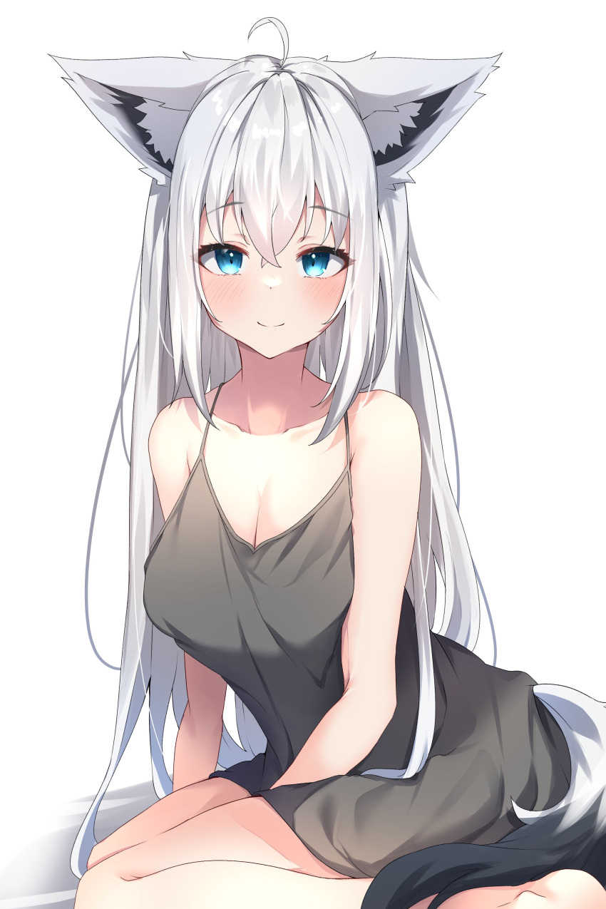 1girl absurdres ahoge amato_0321 animal_ear_fluff animal_ears bare_shoulders blush braid breasts cleavage commentary_request fox_ears fox_girl fox_tail green_eyes grey_camisole hair_between_eyes hair_down highres hololive long_hair looking_at_viewer shirakami_fubuki sidelocks simple_background single_braid sitting smile solo tail virtual_youtuber wariza white_background white_hair