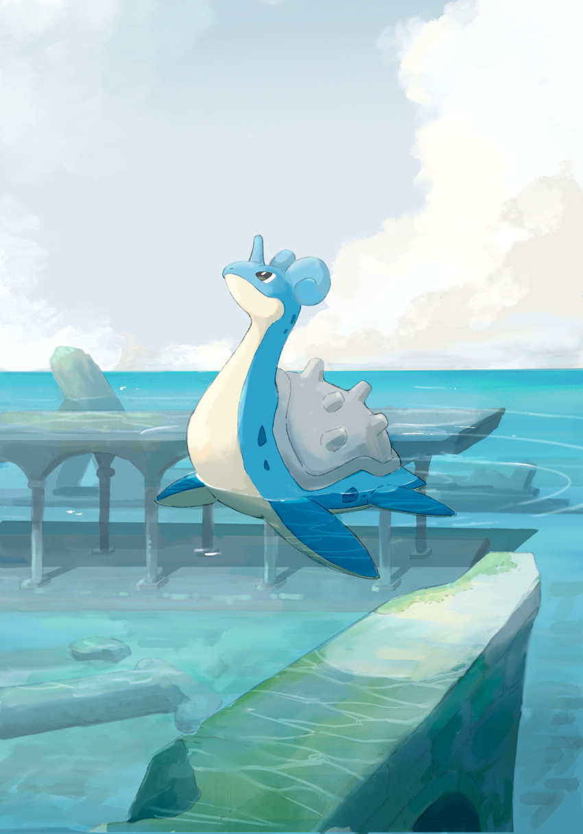 afloat bright_pupils closed_mouth cloud commentary_request day grey_eyes highres lapras looking_up momota_pix no_humans outdoors pokemon pokemon_(creature) sky smile solo water white_pupils