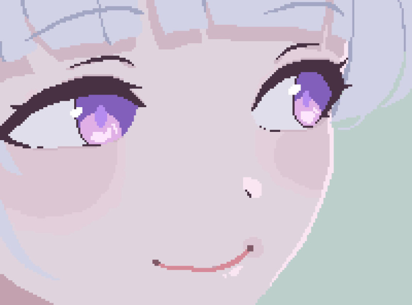 1girl blackredhat blue_archive blunt_bangs blush close-up closed_mouth commentary green_background head_only highres looking_to_the_side manatsu_no_yo_no_inmu medium_bangs meme noa_(blue_archive) pixel_art purple_eyes simple_background smile solo white_hair yajuu_no_gankou_(meme)