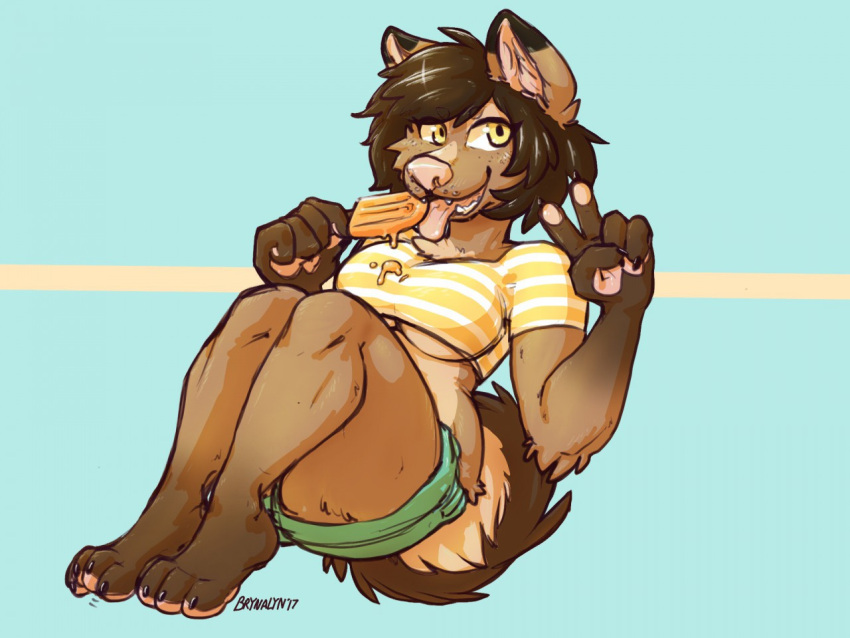 4_toes 5_fingers anthro arm_tuft barefoot big_breasts blue_background bottomwear breasts brown_body brown_feet brown_fur brown_hair brynalyn canid canine chest_tuft claws clothed clothing crop_top cute_fangs eating eating_food elbow_tuft feet female finger_claws fingers fluffy fluffy_tail food fur gesture gloves_(marking) gradient_fur green_bottomwear green_clothing green_shorts hair hindpaw hip_tuft hotpants humanoid_hands humanoid_heel leg_markings licking licking_popsicle looking_at_viewer mammal maned_wolf markings midriff open_mouth open_smile pattern_clothing pattern_shirt pattern_topwear pawpads paws pink_nose pink_pawpads pink_tongue plantigrade popsicle popsicle_melting shirt short_hair shorts simple_background sitting smile smiling_at_viewer socks_(marking) solo striped_clothing striped_shirt striped_topwear stripes tail tan_body tan_fur teeth thick_thighs thigh_tuft toe_claws toe_wiggle toes tongue tongue_out topwear tuft under_boob v_sign yellow_eyes