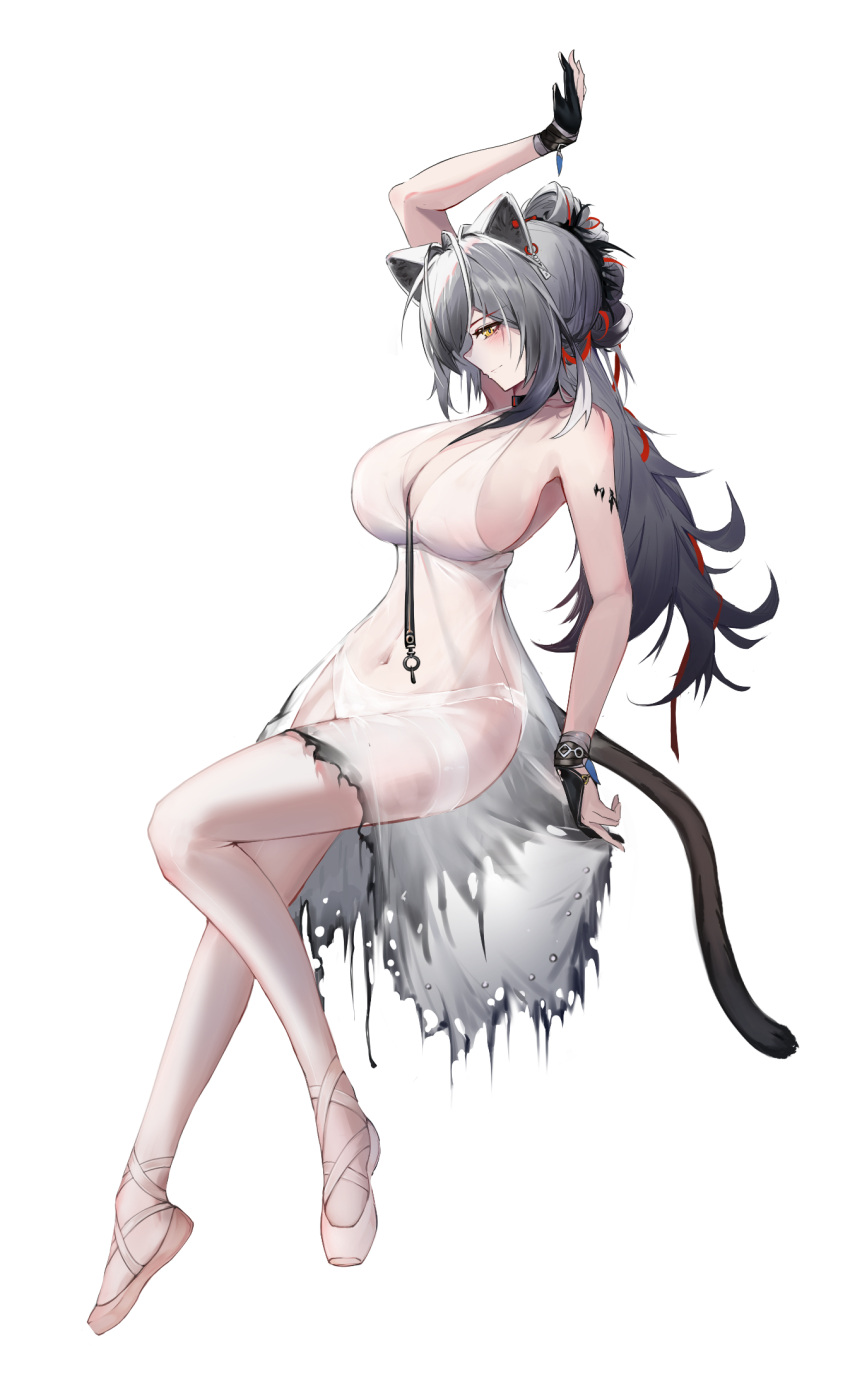 1girl animal_ears antenna_hair arknights arm_up bare_shoulders breasts cat_ears cat_tail closed_mouth dress from_side full_body gloves grey_hair halter_dress halterneck highres large_breasts long_hair messy_hair multicolored_hair navel necktie partially_fingerless_gloves ponytail profile schwarz_(arknights) see-through see-through_dress sideboob sideways_glance simple_background smile streaked_hair tail torn_clothes torn_dress white_background white_dress yellow_eyes yunlingluo