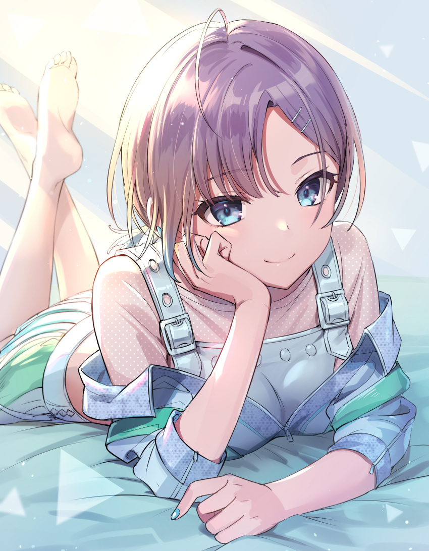 1girl ahoge asakura_toru back_peek barefoot blue_hair blue_jacket blush breasts brown_hair brown_shirt closed_mouth earrings full_body gradient_hair green_nails green_skirt hair_ornament hairclip hand_up head_rest highres idolmaster idolmaster_shiny_colors jacket jewelry kani_kani_kun legs_up long_sleeves looking_at_viewer lying medium_breasts multicolored_hair off_shoulder on_bed on_stomach parted_bangs partially_unzipped polka_dot polka_dot_shirt shirt short_hair skirt smile solo sunlight suspenders zipper zipper_pull_tab