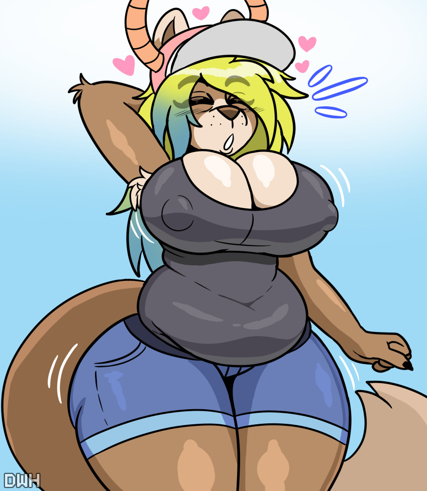&lt;3 absurd_res anthro arm_tuft armpit_hair armpit_tuft belly_overhang big_breasts blue_highlights body_hair bottomwear breasts brown_body brown_fur canid canine canis claws cleavage cleavage_overflow clothed clothing cosplay curvy_figure cutoffs darkwolfhybrid denim denim_clothing elbow_tuft eyes_closed fake_horns female fur hair hand_behind_head hat headgear headwear hi_res highlights_(coloring) horn huge_breasts long_hair mammal mature_anthro mature_female miss_kobayashi's_dragon_maid muffin_top nipple_outline nipples overweight overweight_anthro overweight_female quetzalcoatl_(dragon_maid) shirt shorts slightly_chubby solo tank_top thick_thighs tight_clothing topwear tuft voluptuous voluptuous_female wide_hips wolf yuko_(darkwolf)