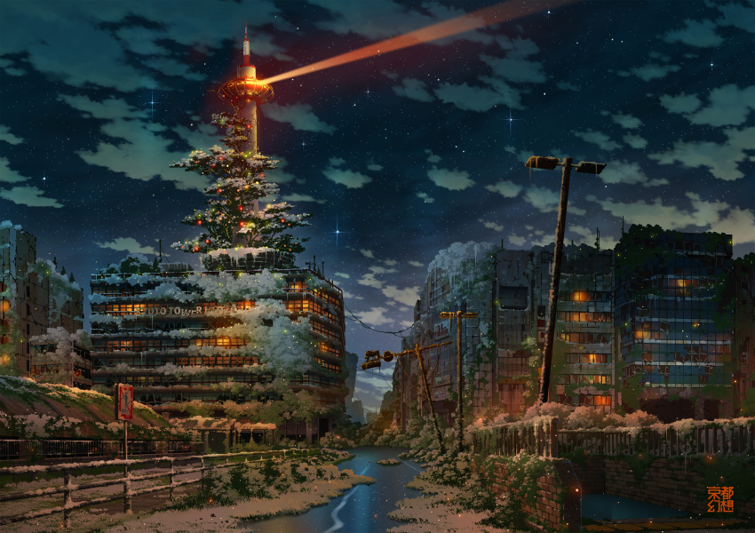 abandoned absurdres brick_wall broken_window building city cloud commentary_request dilapidated highres kyoto_tower lamppost night night_sky original outdoors overgrown post-apocalypse railing road_sign ruins scenery sign sky snow star_(sky) starry_sky tokyogenso water