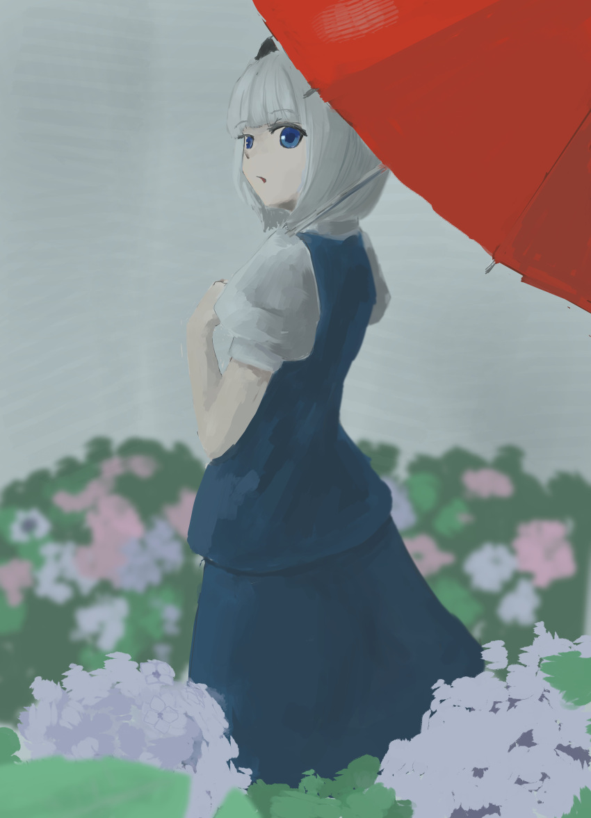 1girl absurdres flower grey_flower grey_sky highres holding holding_umbrella hydrangea konpaku_youmu looking_at_viewer looking_to_the_side rain shinkopeishon sky solo touhou umbrella