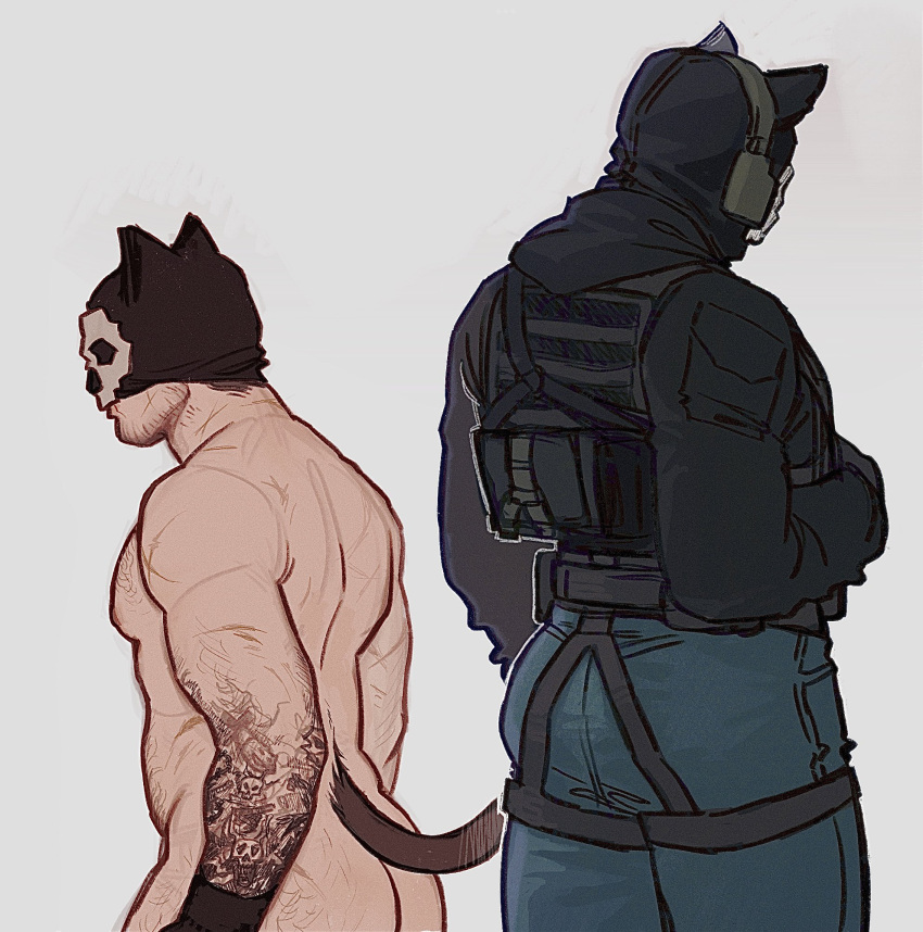 2boys alternate_body_hair animal_ear_headwear animal_ears arm_hair artist_request ass bara beard body_hair call_of_duty:_modern_warfare_2 cat_boy cat_ears cat_tail character_request check_character chest_hair couple facial_hair ghost_(modern_warfare_2) hairy highres large_pectorals leg_belt leg_hair male_focus mask mask_lift mature_male multiple_boys muscular muscular_male navel_hair nipples pectorals short_hair skull_mask soap_(modern_warfare_2) stubble tail undercut