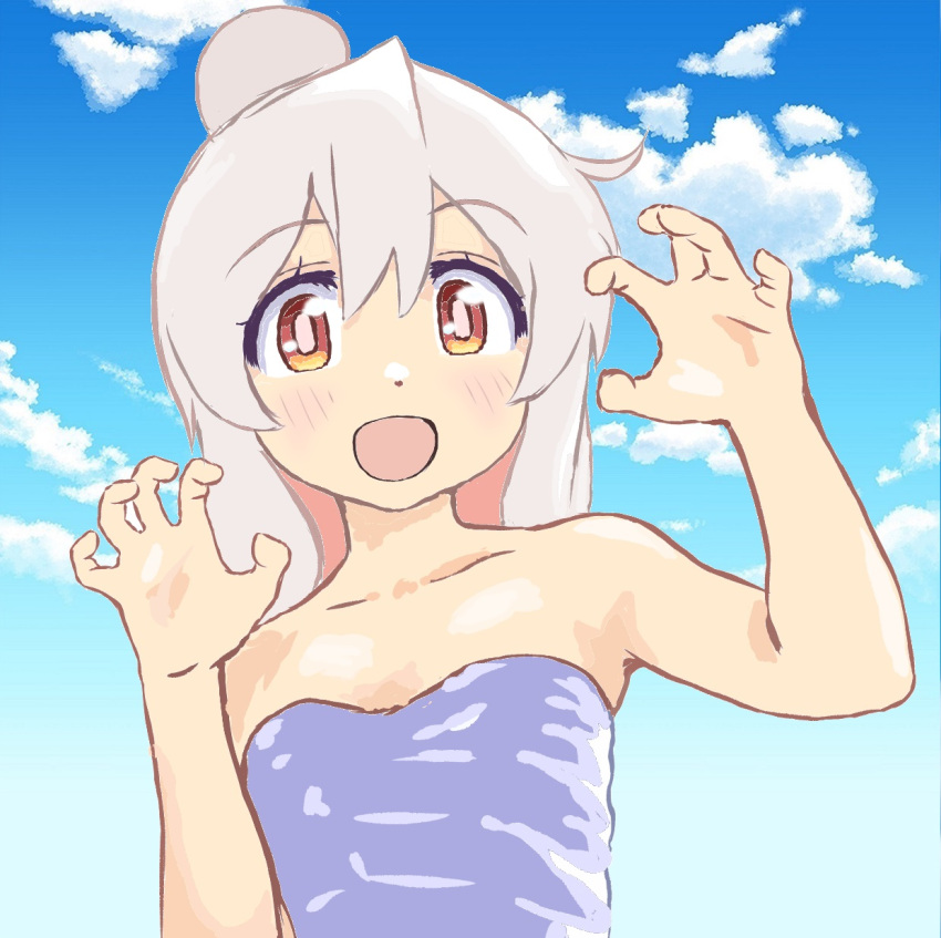 1girl :d ahoge bare_arms bare_shoulders blue_sky bright_pupils cloud colored_inner_hair day grey_hair hair_between_eyes hands_up highres long_hair looking_at_viewer mizumori_keiichi multicolored_eyes multicolored_hair onii-chan_wa_oshimai! open_mouth orange_eyes outdoors oyama_mahiro pink_hair pink_pupils red_eyes sky smile solo strapless two-tone_hair upper_body yellow_eyes