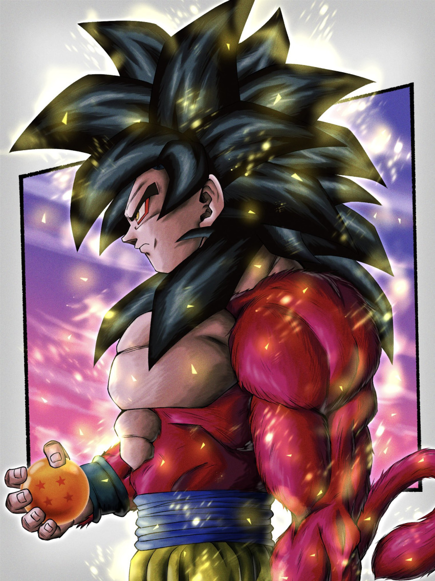 1boy aura biceps black_hair blue_sash body_fur closed_mouth dragon_ball dragon_ball_(object) dragon_ball_gt from_side highres hiro_(udkod1ezlyi2flo) long_hair male_focus monkey_boy monkey_tail muscular muscular_male no_nipples pants pectorals red_fur saiyan sash solo son_goku spiked_hair super_saiyan super_saiyan_4 tail upper_body