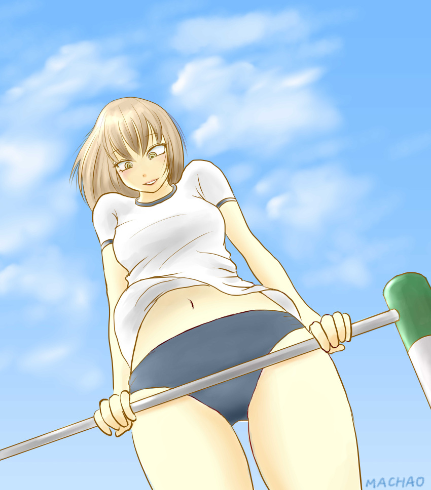 1girl absurdres artist_name blue_buruma brown_hair buruma cloud cloudy_sky day dutch_angle gym_uniform highres horizontal_bar looking_down machao navel original outdoors parted_lips shirt sky solo sportswear triangle_mouth white_shirt wind