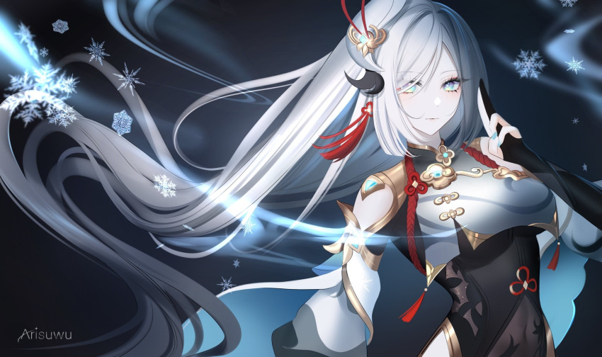 1girl 707arisu artist_name black_background blue_eyes chinese_clothes closed_mouth ear_piercing expressionless genshin_impact grey_hair highres long_hair long_sleeves multicolored_hair piercing shenhe_(genshin_impact) snowflakes solo white_hair