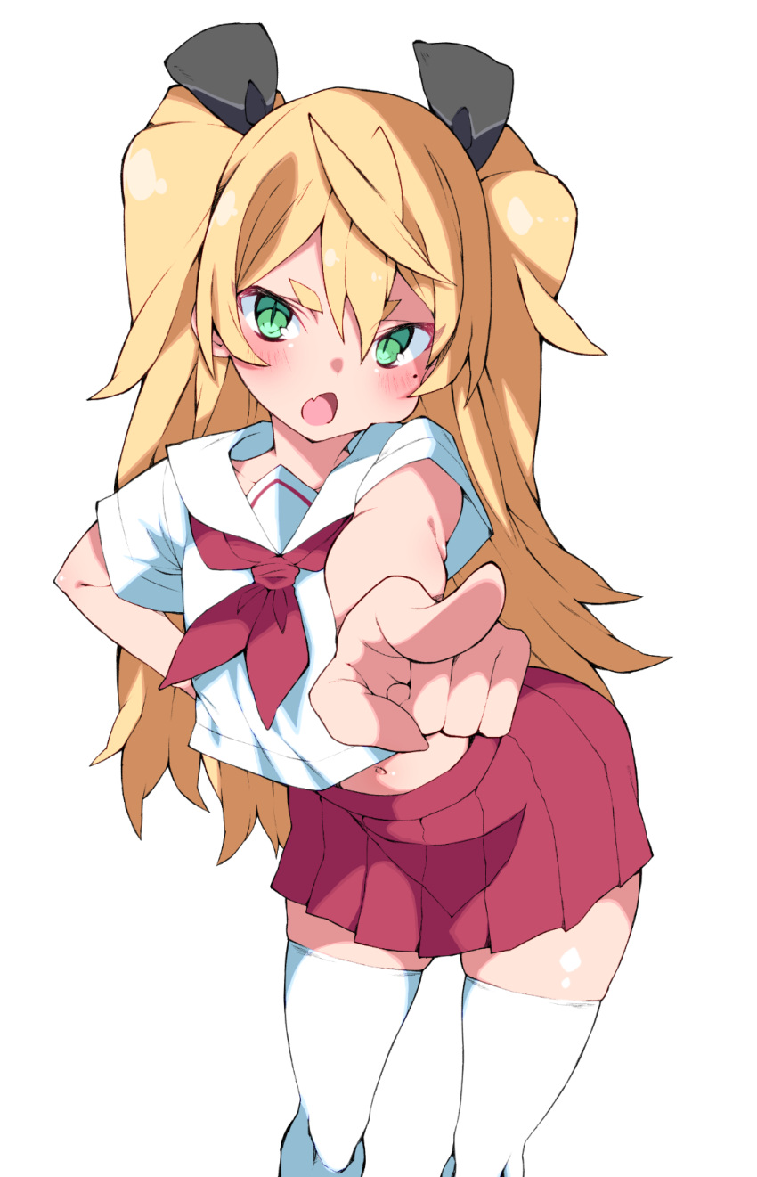 1girl angry bad_id bad_pixiv_id blonde_hair blush fang green_eyes highres kz_oji leaning_forward long_hair miniskirt mole mole_under_eye navel neckerchief open_mouth original pointing pointing_at_viewer red_neckerchief red_skirt sailor_collar school_uniform serafuku shirt short_sleeves simple_background skin_fang skirt slit_pupils solo thick_eyebrows thighhighs thighs white_background white_shirt white_thighhighs zettai_ryouiki