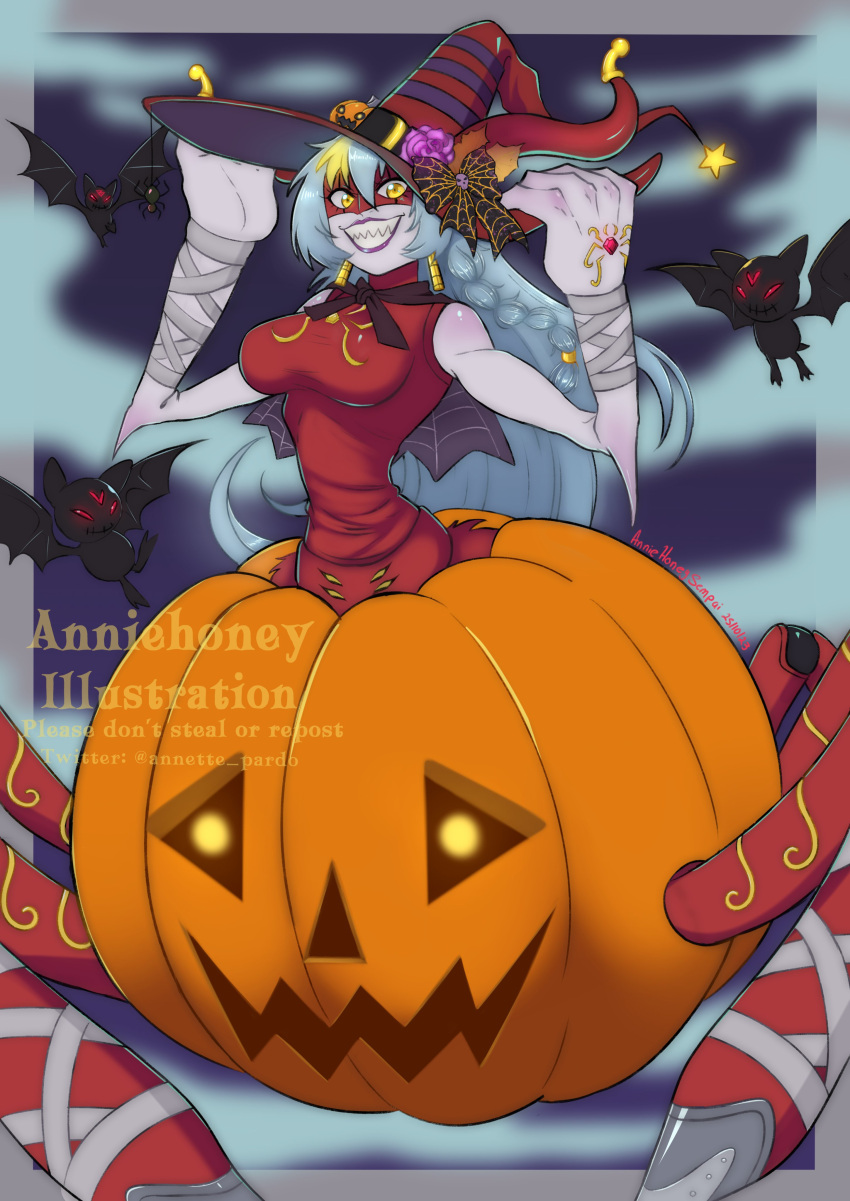 1girl 3others absurdres annette_pardo archnemon arthropod_girl artist_name blue_hair breasts digimon digimon_(creature) flower grin halloween halloween_costume hands_on_headwear hat hat_flower highres horns jack-o'-lantern jack-o'-lantern_hat_ornament large_breasts long_hair looking_at_viewer mask monster_girl multiple_others purple_flower purple_rose red_headwear red_shirt rose shirt sleeveless sleeveless_shirt smile spider_girl teeth twitter_username watermark witch_hat yellow_eyes