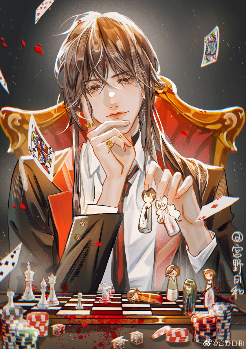 1boy absurdres ace_of_spades bai_liu black_hair blood card casino collared_shirt diamond_(shape) dice dropping earrings falling_card falling_petals floating_card gongyerihe highres i_became_a_god_in_a_horror_game jacket jewelry long_hair long_sleeves male_focus necktie petals ring shirt sitting spade_(shape) suit_jacket tavel white_shirt