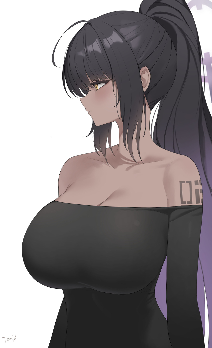 1girl absurdres ahoge alternate_costume arm_tattoo artist_name bare_shoulders black_dress black_hair black_shirt blue_archive blush breasts cleavage closed_mouth collarbone commentary dark-skinned_female dark_skin dress expressionless gradient_hair hair_between_eyes halo highres huge_breasts karin_(blue_archive) long_hair long_sleeves looking_to_the_side multicolored_hair number_tattoo off-shoulder_dress off-shoulder_shirt off_shoulder ponytail profile purple_hair purple_halo shirt sidelocks sideways_mouth signature simple_background solo tattoo tomid upper_body very_long_hair white_background yellow_eyes