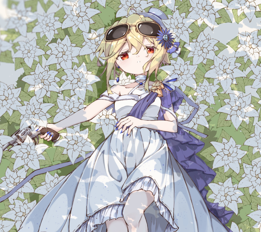1girl ahoge bare_shoulders blonde_hair blue_flower blue_nails breasts collarbone commentary_request criss-cross_halter dress eyewear_on_head feet_out_of_frame flower frilled_dress frills girls'_frontline gun hair_between_eyes hair_flower hair_ornament halterneck handgun hat highres holding holding_gun holding_weapon matsuo_(matuonoie) mini_hat nagant_m1895 nagant_revolver_(girls'_frontline) nail_polish name_connection object_namesake parted_lips red_eyes revolver small_breasts solo sunglasses tilted_headwear weapon white_dress white_flower white_headwear