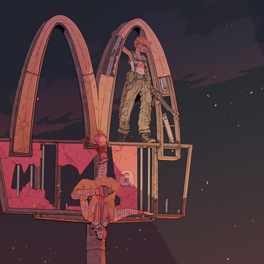 1girl absurdres arch broken_screen clown facial_tattoo fast_food highres kalashnikov_rifle max_prentis mcdonald's orange_hair original overalls road_sign ronald_mcdonald ruins short_hair sign sky solo statue tank_top tattoo upside-down