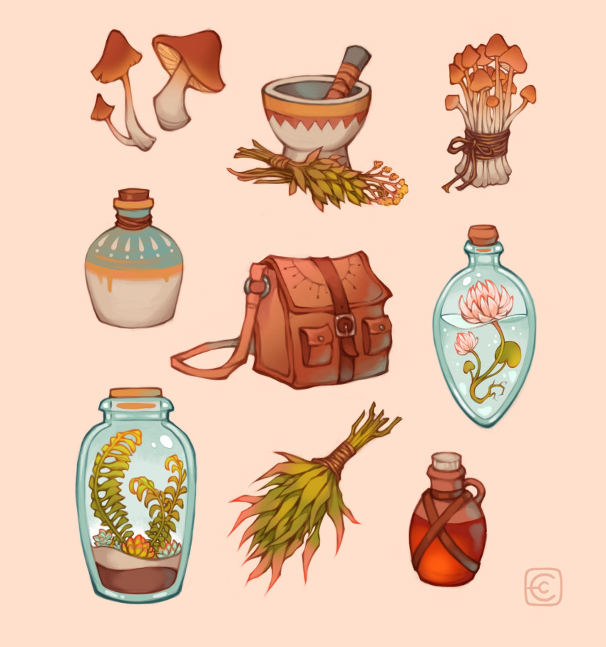 bag bottle corked_bottle english_commentary eyanin flower handbag herb highres mortar_(bowl) mushroom no_humans original pestle plant pocket potion simple_background