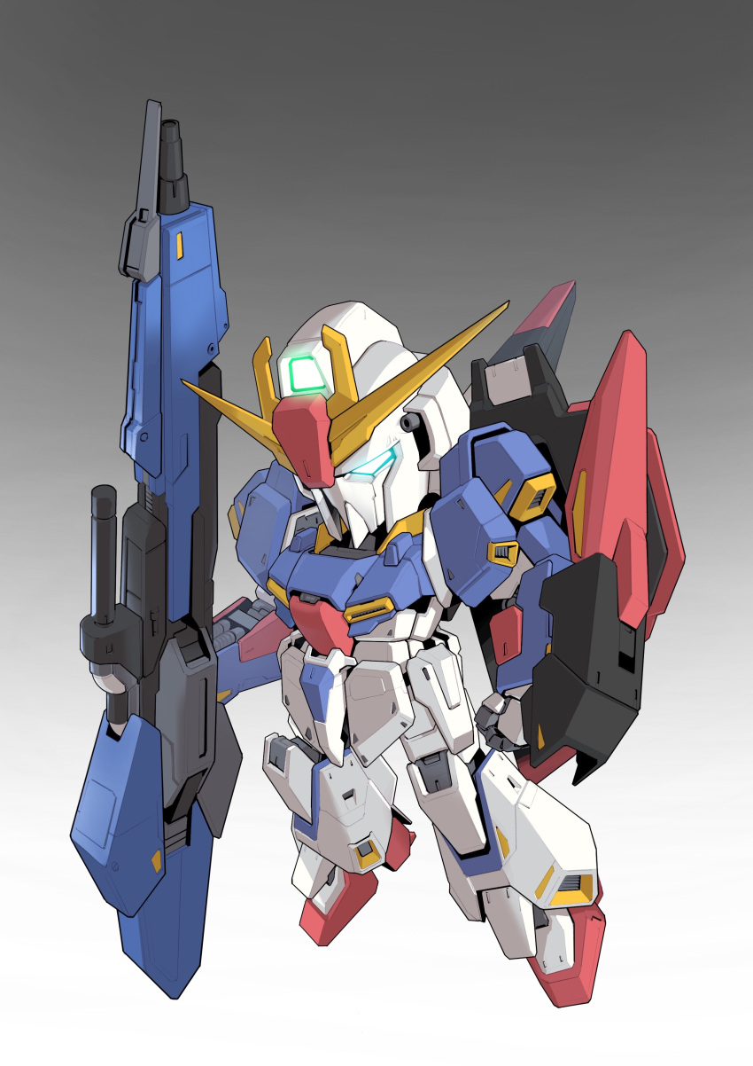 absurdres arm_at_side beam_rifle blue_eyes clenched_hand deformed energy_gun glowing glowing_eye gradient_background gun gundam highres holding holding_gun holding_weapon mecha mobile_suit no_humans robot science_fiction sd_gundam solo v-fin weapon zakuma zeta_gundam zeta_gundam_(mobile_suit)