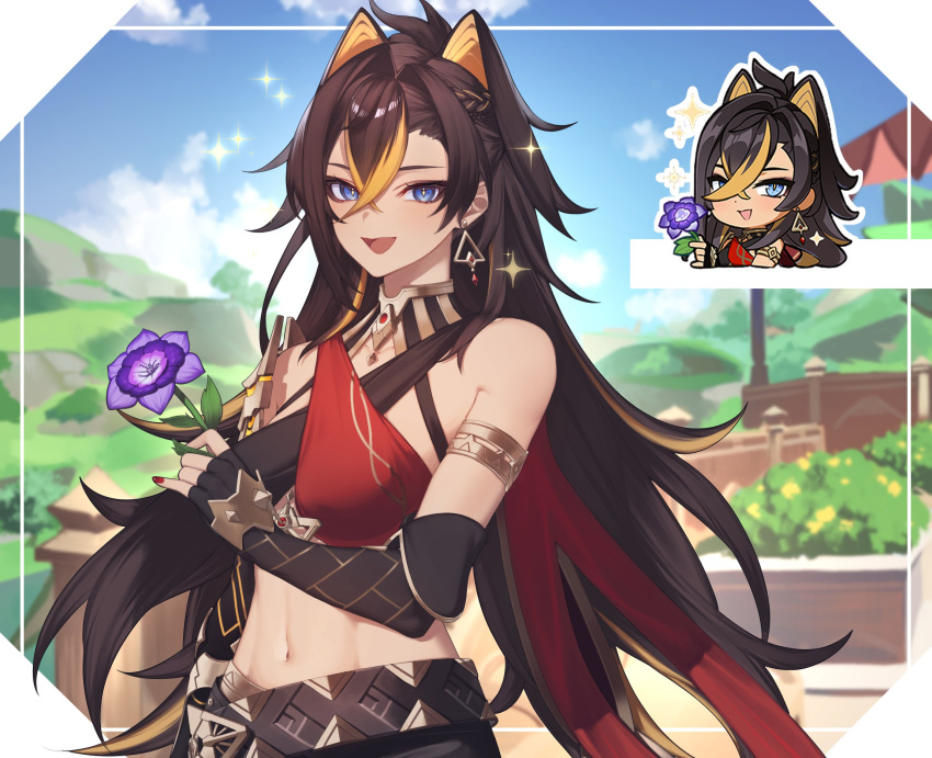 1girl :d animal_ears arm_armor armlet bare_shoulders black_hair blue_eyes breasts criss-cross_halter crossed_bangs dangle_earrings dark-skinned_female dark_skin dehya_(genshin_impact) earrings ebibi_chiriri flower gem genshin_impact genshin_impact_sticker_redraw_(meme) gold_choker hair_between_eyes hair_ears halterneck highres holding holding_flower jewelry looking_at_viewer meme multicolored_hair navel pointy_hair red_gemstone red_nails smile solo sparkle stomach streaked_hair