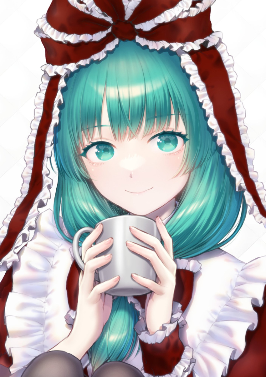 1girl arm_ribbon bow close-up closed_mouth cup dress frilled_ribbon frills front_ponytail green_eyes green_hair hair_bow hair_ribbon happy head_tilt highres holding holding_cup kageharu kagiyama_hina mug red_dress ribbon simple_background smile solo touhou white_background