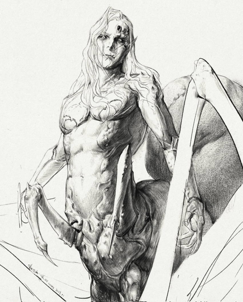 1boy abs arachne_boy arthropod_limbs baldur's_gate baldur's_gate_3 black_sclera carapace colored_sclera commentary cowboy_shot dated dungeons_and_dragons extra_eyes faux_traditional_media from_side greyscale highres kar'niss looking_at_viewer male_focus medium_hair midriff monochrome monster_boy navel pointy_ears realistic scar scar_on_cheek scar_on_face signature simple_background solo taur the_old_crane toned toned_male wavy_hair white_background