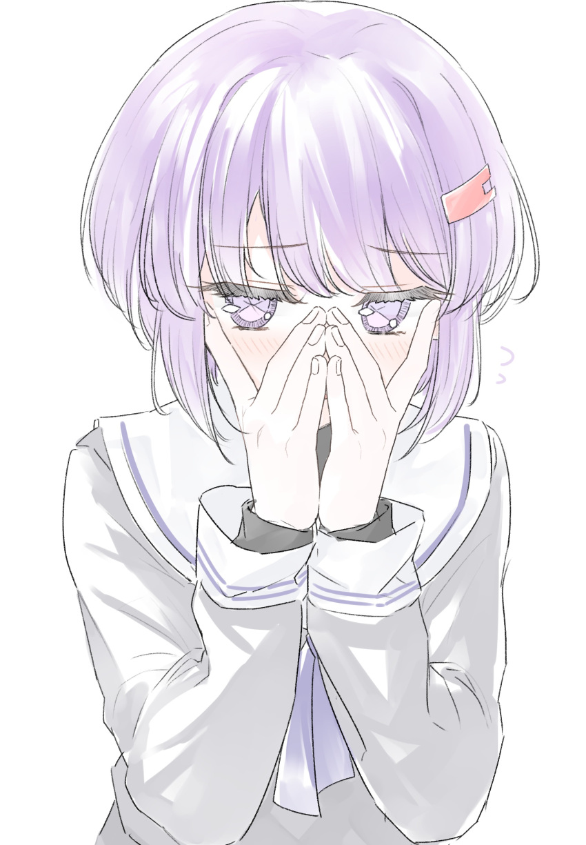 1girl a.i._voice absurdres black_undershirt blush commentary_request covering_face embarrassed furrowed_brow grey_serafuku hair_ornament hairclip half-closed_eyes highres ise_dango long_sleeves looking_at_viewer neck_ribbon peeking_through_fingers purple_eyes purple_hair purple_ribbon ribbon sailor_collar school_uniform serafuku short_hair simple_background solo upper_body voiceroid white_background white_sailor_collar yuzuki_yukari yuzuki_yukari_(shizuku)