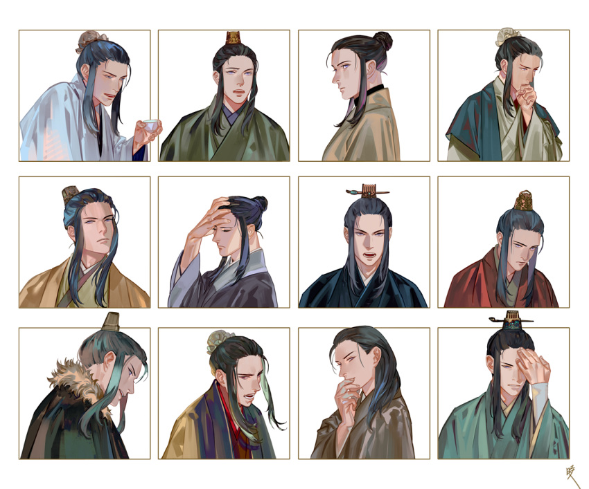 1boy black_hair blue_eyes border bun_cover chinese_clothes cloak closed_mouth cup eishou_(juuni_kokuki) frown fur-trimmed_cloak fur_trim hair_bun hair_down hair_pulled_back hand_on_own_chin hand_on_own_forehead hand_up hanfu holding holding_cup juuni_kokuki long_sleeves looking_at_viewer male_focus multiple_views open_mouth outside_border profile purple_eyes saiga_tokihito sidelocks sideways_glance simple_background single_hair_bun smile smug straight-on stroking_own_chin thinking updo upper_body white_background wide_sleeves xiao_guan_(headdress)