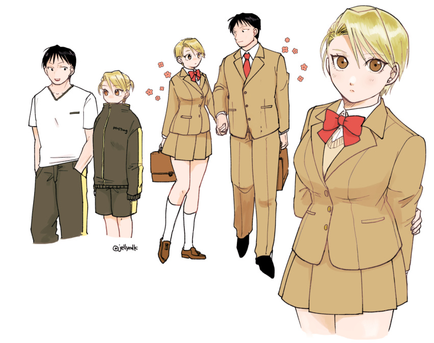 1boy 1girl asymmetrical_bangs bag black_footwear black_hair blonde_hair blush borrowed_clothes bow bowtie breasts briefcase brown_eyes brown_footwear brown_jacket brown_pants brown_skirt collared_shirt couple earrings eye_contact flower fullmetal_alchemist gym hands_in_pockets hetero holding holding_bag holding_hands jacket jellymlk jewelry kneehighs loafers long_sleeves looking_at_another looking_at_viewer looking_to_the_side miniskirt multiple_views necktie pants pink_flower pleated_skirt ponytail red_bow red_bowtie red_necktie riza_hawkeye roy_mustang school_uniform shirt shoes simple_background skirt sleeves_past_wrists smile socks stud_earrings sweater twitter_username v-neck walking white_background white_shirt white_socks