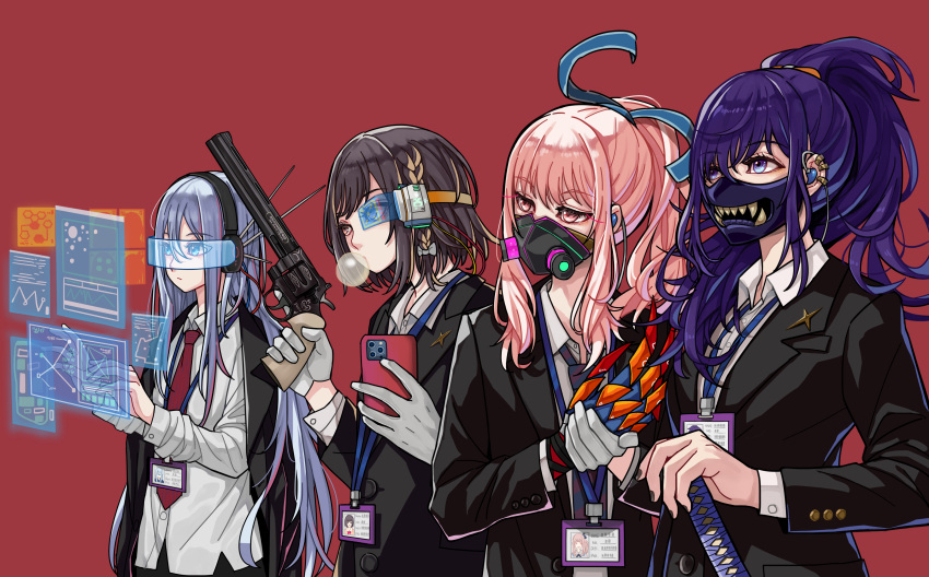 1other 25-ji_nightcord_de._(project_sekai) 3girls absurdres akiyama_mizuki androgynous aqua_ribbon asahina_mafuyu black_jacket blonde_hair blue_eyes blue_hair blue_mask blue_necktie blue_ribbon bow braid breast_pocket brown_eyes brown_hair buttoned_cuffs buttons cellphone chaos1402 chewing_gum collared_shirt colt_python covered_mouth dress_shirt earpiece fangs gloves graph_(object) gun hair_bow hair_ornament hair_over_shoulder hair_ribbon hair_scrunchie hand_on_weapon handgun heads-up_display highres holding holding_gun holding_phone holding_weapon id_card jacket jacket_on_shoulders katana lanyard lapel_pin lapels light_blue_hair long_hair long_sleeves looking_ahead looking_at_screen loose_necktie mask mechanical_arms mouth_mask multicolored_hair multiple_girls necktie notched_lapels open_clothes open_collar open_jacket orange_scrunchie own_hands_together peaked_lapels phone pin pink_eyes pink_hair pocket ponytail project_sekai purple_hair red_background red_necktie respirator revolver ribbon screen scrunchie shinonome_ena shirt short_hair side_braid sidelocks simple_background single_braid single_mechanical_arm smartphone streaked_hair suit_jacket sword trigger_discipline two-tone_hair two-tone_ribbon unbuttoned untucked_shirt upper_body weapon white_bow white_gloves white_shirt yoisaki_kanade