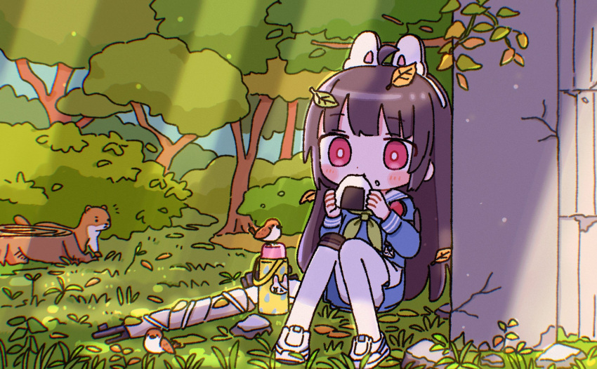 1girl 1nupool ahoge animal_ears bird black_hair blue_archive blue_serafuku blue_shirt blue_skirt blush_stickers bolt_action bright_pupils dappled_sunlight eating fake_animal_ears food food_on_face forest grass green_neckerchief gun highres knee_pads leaf leaf_on_head long_hair miyu_(blue_archive) mosin-nagant nature neckerchief no_halo onigiri outdoors pantyhose rabbit_ears red_eyes rice rice_on_face rifle school_uniform serafuku shirt shoes single_knee_pad sitting skirt sneakers solo sunlight thermos tree_stump weapon white_footwear white_pantyhose white_pupils