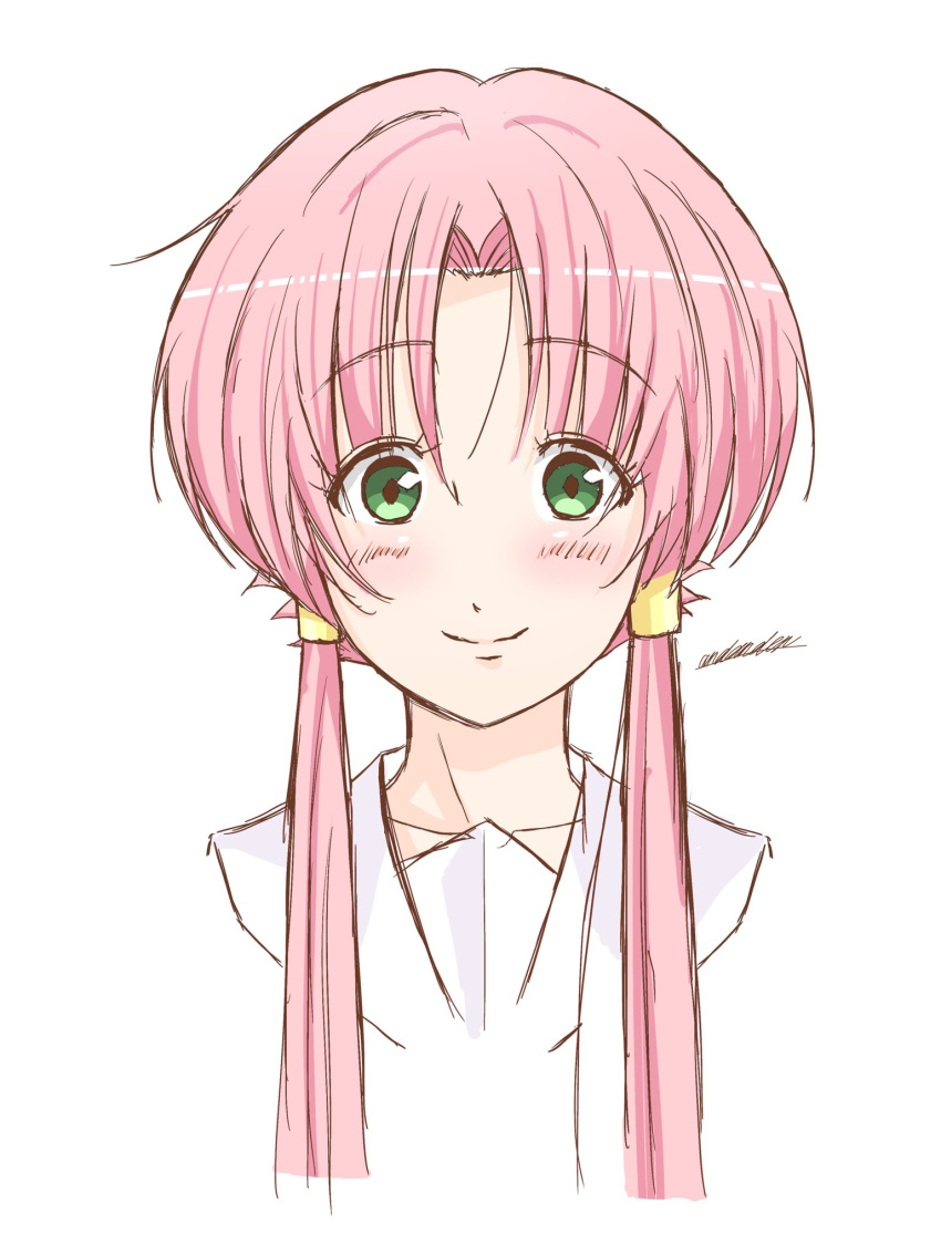 1girl andanden aria blush closed_mouth eyelashes green_eyes hair_tubes highres looking_at_viewer mizunashi_akari parted_bangs portrait short_hair_with_long_locks signature simple_background sketch smile solo white_background