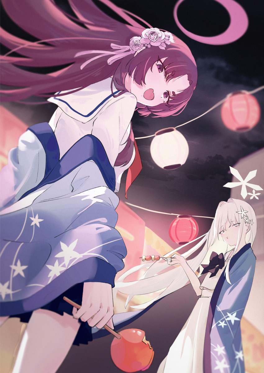 2girls absurdres blue_archive blue_skirt candy_apple fang festival flower food grey_eyes hair_flower hair_ornament halo haori highres holding holding_food japanese_clothes long_hair long_sleeves multiple_girls nagusa_(blue_archive) night open_mouth outdoors pink_flower pleated_skirt purple_eyes purple_hair purple_halo school_uniform serafuku short_eyebrows skin_fang skirt smile white_hair white_skirt wide_sleeves xsan yukari_(blue_archive)