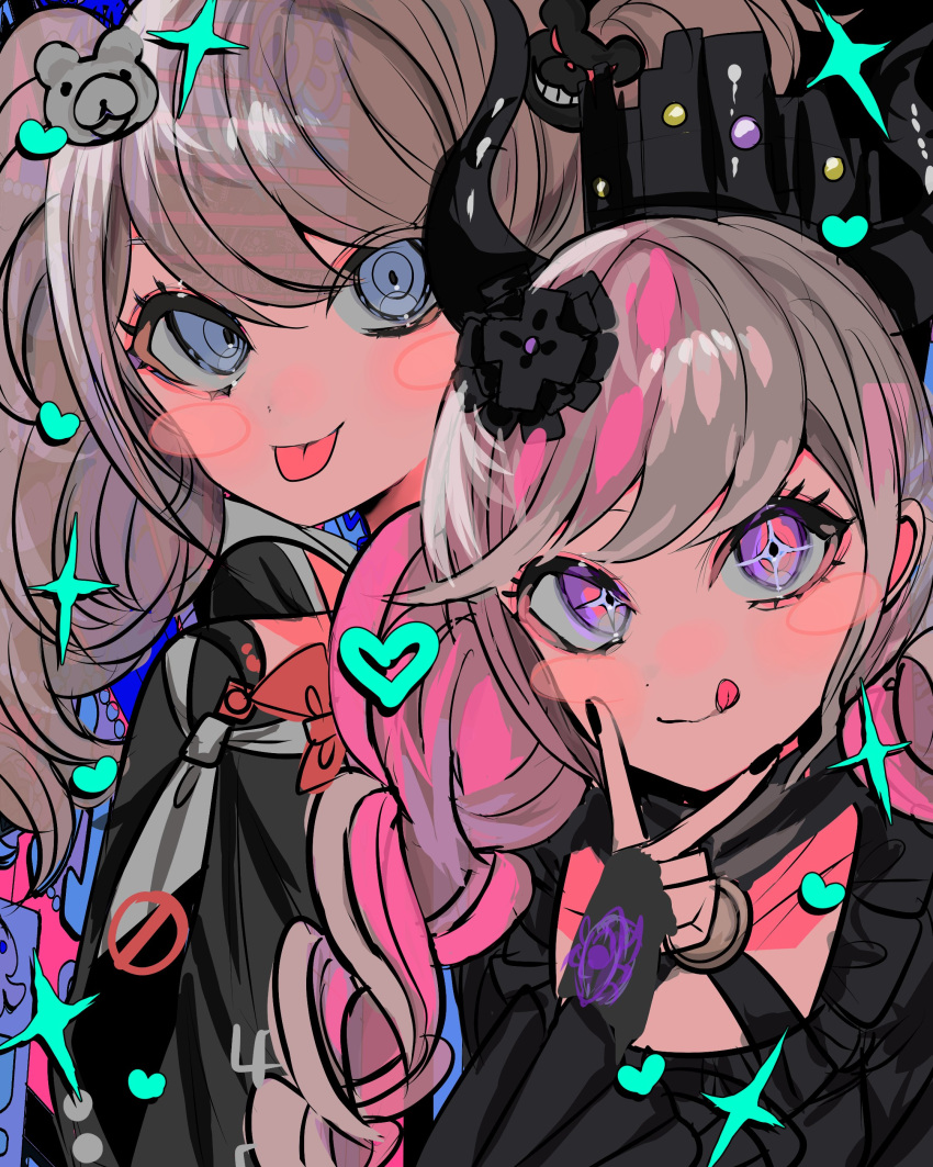 2girls :p :q absurdres bear_hair_ornament black_crown_(object) black_flower black_horns blue_eyes blush blush_stickers braid breasts brown_hair crown danganronpa:_trigger_happy_havoc danganronpa_(series) enoshima_junko fingerless_gloves flower gloves hair_flower hair_ornament heart highres horns long_hair master_detective_archives:_rain_code medium_breasts momae_makku multiple_girls nail_polish necktie pink_hair shinigami_(rain_code) smile tongue tongue_out twin_braids twintails upper_body