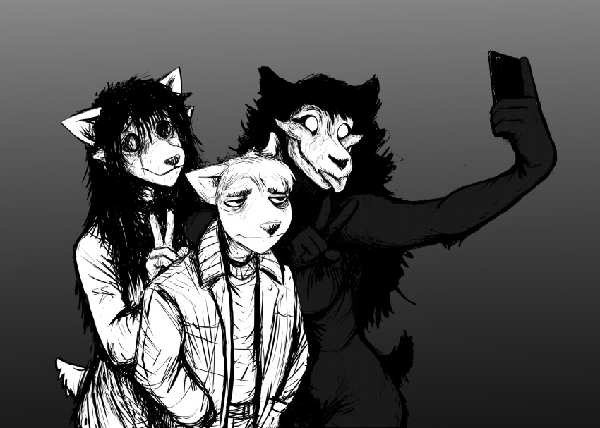 2023 annoyed anthro black_and_white blep bone canid canine canis carol_(hladilnik) confusion daniel_(hladilnik) domestic_dog female gesture ghost gradient_background group hand_in_pocket hi_res hladilnik human male malo mammal monochrome monster phone pockets scp-1471 scp-1471-a scp_foundation selfie simple_background skull skull_head spirit tongue tongue_out trio v_sign wolf