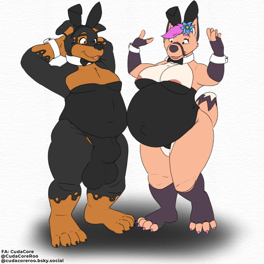 belly big_belly breasts bulge canid canine canis clothing costume cudacore domestic_dog feet female fox hi_res hyper male mammal mastiff molosser nipples paint paws playboy_costume pregnant rottweiler slightly_chubby toes ziku