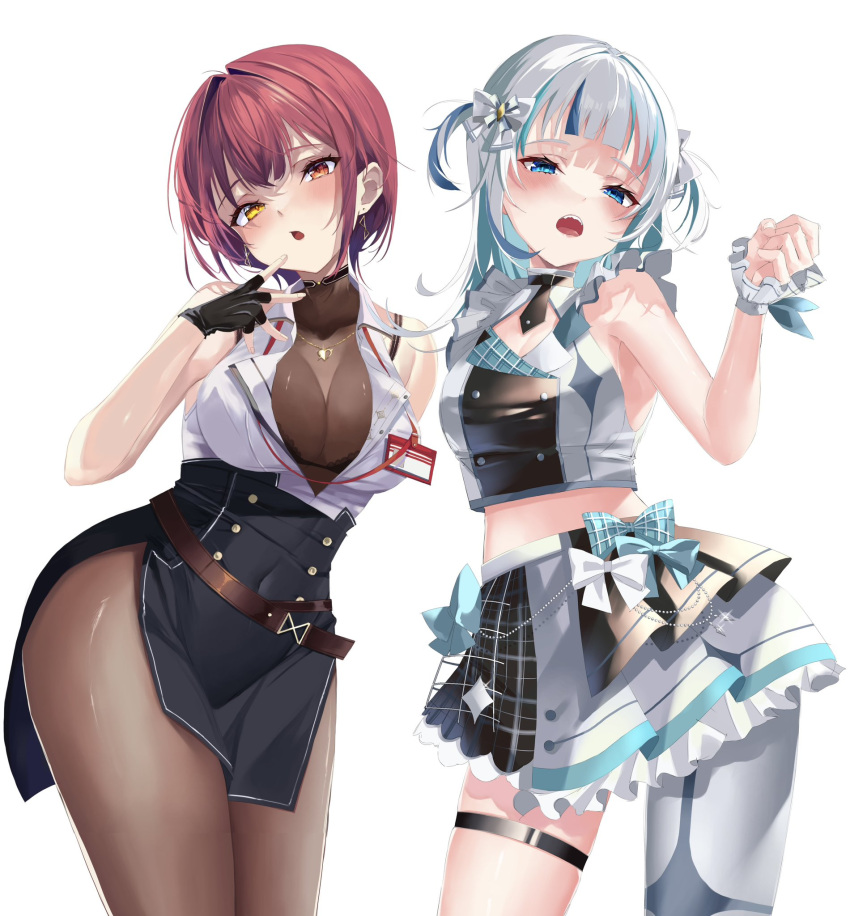 2girls black_bra black_gloves black_skirt blue_hair blush bodystocking bra breasts cleavage collared_shirt dress earrings fingerless_gloves gawr_gura gloves gold_earrings grey_hair heart heart_earrings heart_necklace high-waist_skirt highres hololive hololive_english hololive_idol_uniform_(bright) houshou_marine houshou_marine_(6th_costume) id_card jewelry large_breasts looking_at_viewer medium_hair multicolored_hair multiple_girls necklace official_alternate_costume open_mouth partially_unbuttoned red_eyes red_hair shirt short_hair skirt sleeveless sleeveless_shirt small_breasts streaked_hair thigh_strap two_side_up unbuttoned unbuttoned_shirt underwear virtual_youtuber white_dress white_skirt white_wrist_cuffs ya_ta yellow_eyes