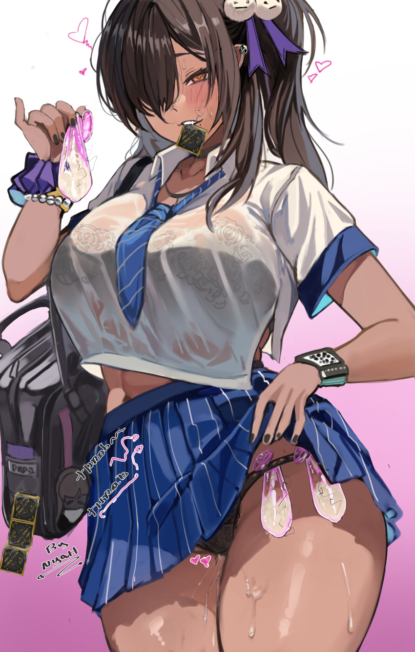 1girl absurdres bad_hands bag bead_bracelet beads black_hair black_nails black_panties blue_necktie blue_skirt blush bra_visible_through_clothes bracelet breasts brown_eyes condom condom_belt condom_packet_strip condom_wrapper cum dark-skinned_female dark_skin earrings goddess_of_victory:_nikke gyaru highres holding holding_condom jewelry large_breasts miniskirt mole mole_under_mouth mouth_hold naga_(nikke) necktie nyahpa20 panties school_bag school_uniform see-through see-through_shirt skirt solo stray_pubic_hair underwear used_condom