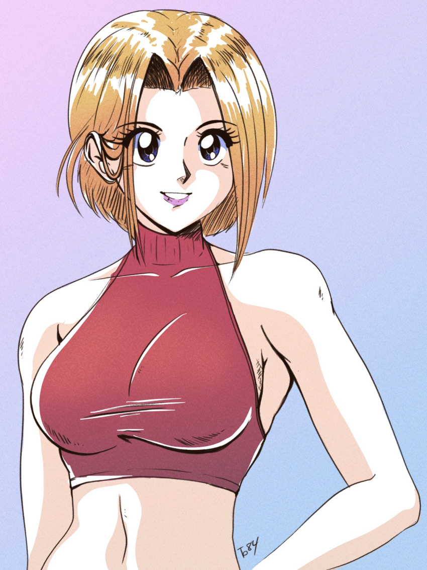 1girl bare_shoulders blonde_hair blue_background blue_mary breasts collarbone commentary crop_top english_commentary fatal_fury gradient_background hand_on_own_hip highres lipstick makeup midriff navel pink_lips retro_artstyle signature simple_background smile solo tedbob84 the_king_of_fighters triangle_mouth