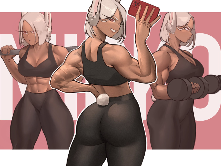 1girl abs alternate_hairstyle animal_ears ass back barbell bare_shoulders black_pants black_sports_bra boku_no_hero_academia breasts cellphone character_name cleavage crescent_print dark-skinned_female dark_skin dumbbell exercise from_behind highres holding holding_dumbbell holding_phone large_breasts letterboxed long_eyelashes looking_at_viewer median_furrow mirko multiple_views muscular muscular_female navel pants parted_bangs parted_lips phone pink_background rabbit_ears rabbit_girl rabbit_tail red_eyes scar scar_on_arm short_hair smartphone smile sports_bra tail thick_thighs thighs tight_clothes tight_pants weightlifting white_hair yoga_pants zukululuu