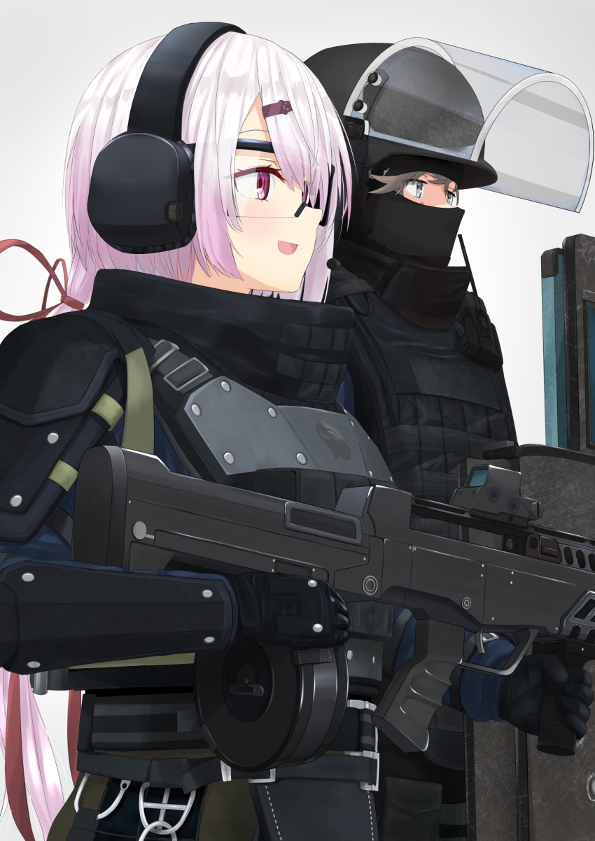 1boy 1girl balaclava ballistic_shield black_gloves blitz_(rainbow_six_siege) blitz_(rainbow_six_siege)_(cosplay) blue_eyes blue_jacket body_armor bulletproof_vest bullpup commentary_request cosplay covered_face cowboy_shot drum_magazine ear_protection flak_jacket from_side gloves gradient_hair grey_eyes gun hair_ornament hair_ribbon hairclip helmet high_collar highres holding holding_gun holding_weapon ichinose_rokujou jacket kanae_(nijisanji) light_brown_hair light_machine_gun looking_ahead low_ponytail magazine_(weapon) microphone multicolored_hair nijisanji open_mouth pink_eyes pink_hair qbb_95_lsw rainbow_six_siege red_ribbon ribbon shiina_yuika smile vertical_foregrip virtual_youtuber visor_(armor) visor_lift walkie-talkie weapon white_background white_hair ying_(rainbow_six_siege) ying_(rainbow_six_siege)_(cosplay)