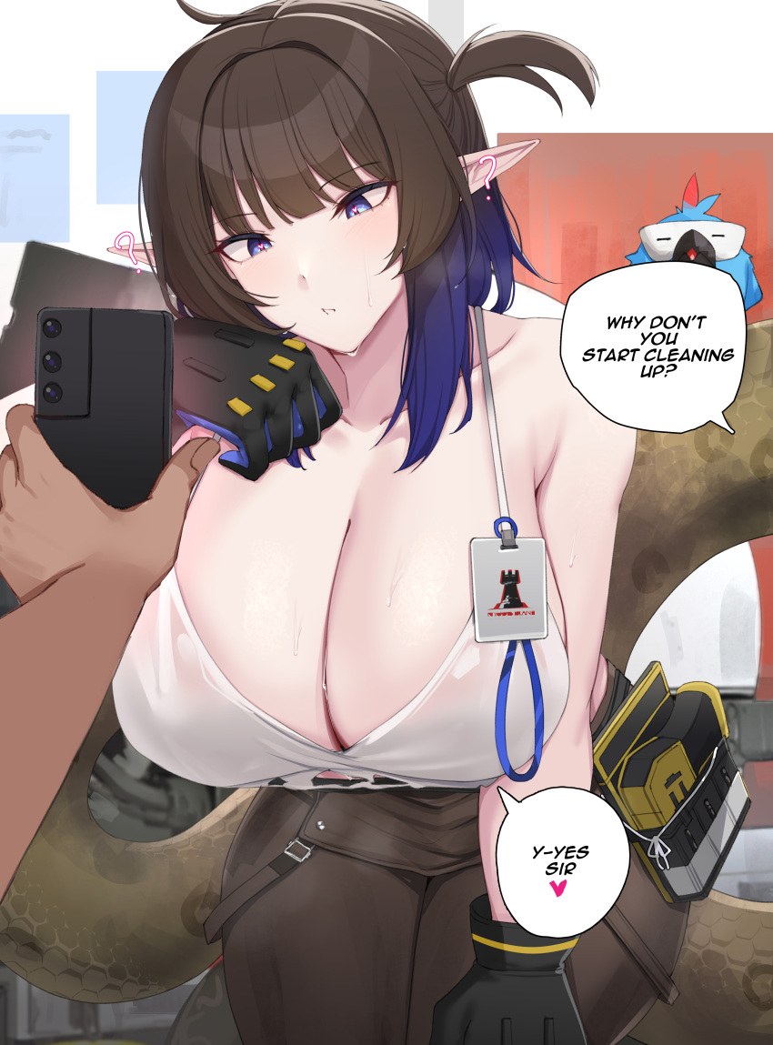 1boy 1girl ? absurdres arknights black_gloves black_hair black_pantyhose blue_eyes blue_hair breasts camisole cellphone commentary commentary_request cowboy_shot eunectes_(arknights) eunectes_(forgemaster)_(arknights) gloves gradient_hair half_updo high_priest_(arknights) highres holding holding_phone huge_breasts kanta_(kanta_077) leaning_forward multicolored_hair official_alternate_costume out_of_frame pantyhose parted_lips phone short_hair smartphone snake_tail solo_focus speech_bubble standing tail