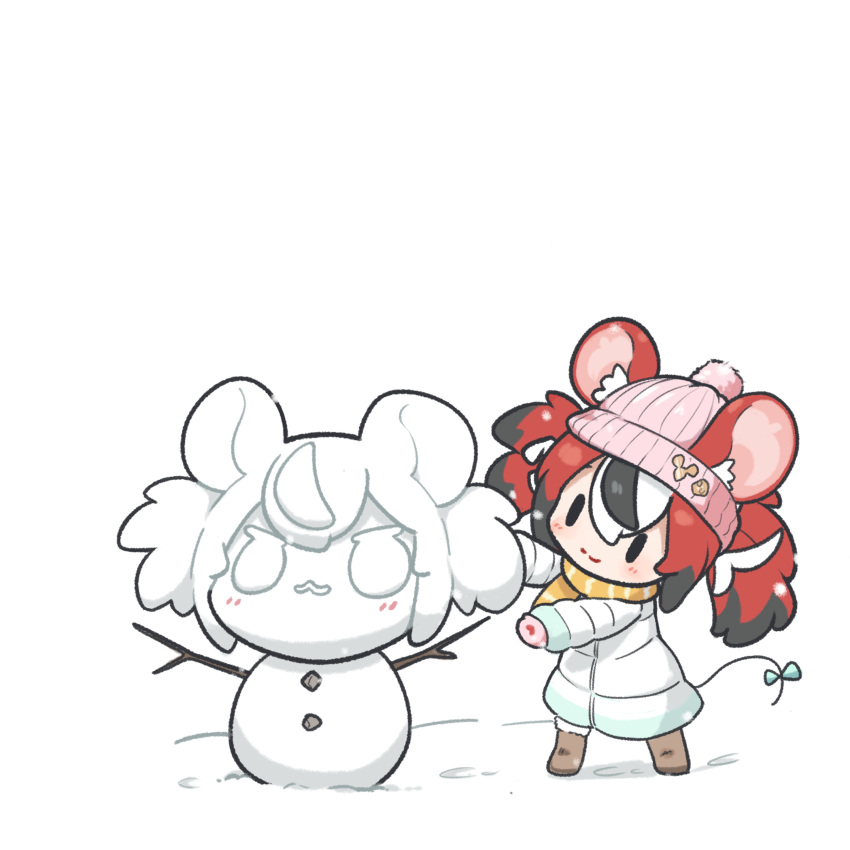 1girl absurdres animal_ears black_hair boots bow chibi closed_mouth hakos_baelz highres hololive hololive_english long_hair mittens mouse_ears mouse_girl mouse_tail multicolored_hair red_hair scarf smile snow snowman snowmya solid_oval_eyes solo streaked_hair tail tail_bow tail_ornament twintails virtual_youtuber white_hair winter woolen_coat yellow_scarf