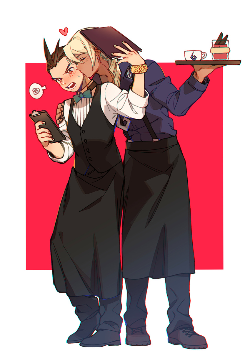 2boys ace_attorney annoyed antenna_hair apollo_justice apron aqua_bow aqua_bowtie black_apron black_pants black_vest blonde_hair blue_shirt blush border bow bowtie bracelet brown_eyes brown_footwear brown_hair buttons chain_necklace clipboard collared_shirt cup dark-skinned_male dark_skin drill_hair earrings hand_on_another's_shoulder hands_up heart heel_up hi-fi_(fijazzy) highres holding holding_clipboard holding_menu holding_tray jewelry kiss kissing_cheek klavier_gavin leaning legs_apart long_sleeves male_focus medium_hair menu multiple_boys necklace open_collar open_mouth outside_border pants pink_background popped_collar ribbed_shirt shirt sleeves_rolled_up spoken_squiggle squiggle standing suspenders sweat teacup teeth tray vest waist_apron waiter white_border white_shirt yaoi
